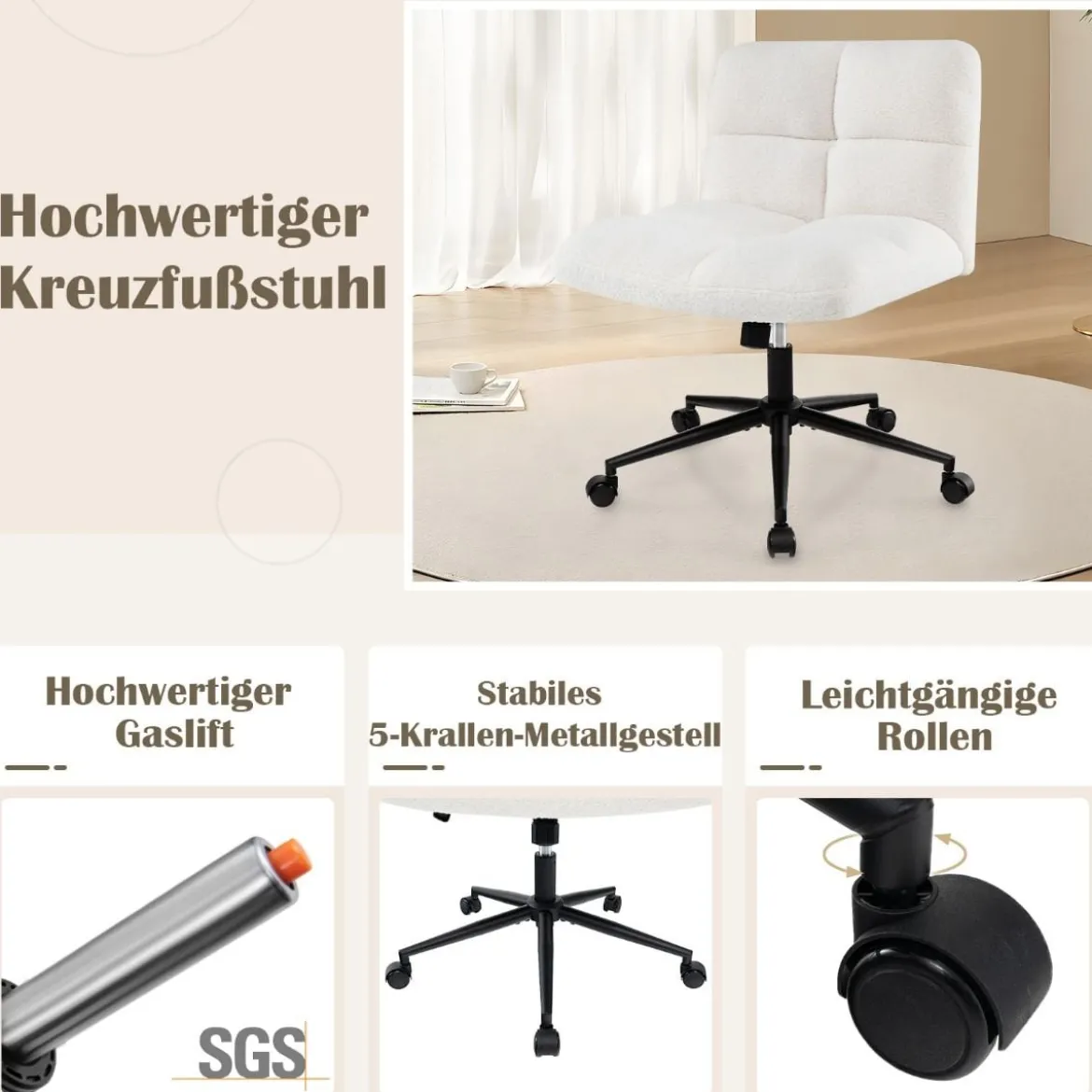 Schneidersitz Stuhl mit Rollen Drehstuhl ohne Armlehnen Schreibtischstuhl mit breiter Sitzfläche