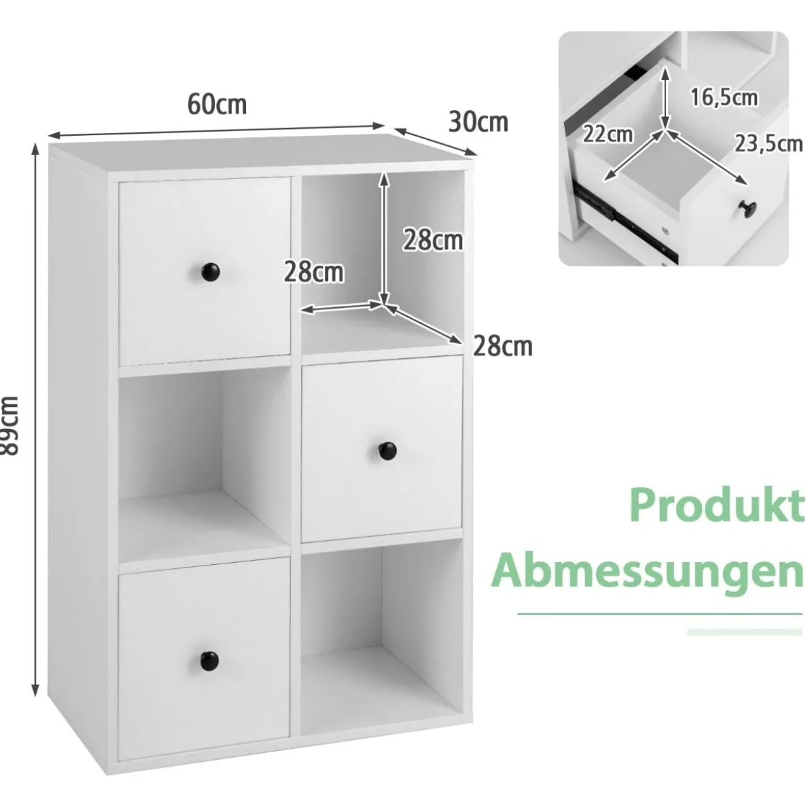 Schrank mit 6 Fächern Freistehendes Lagerregal mit 3 Würfeln 60 x 30 x 89 cm Weiß