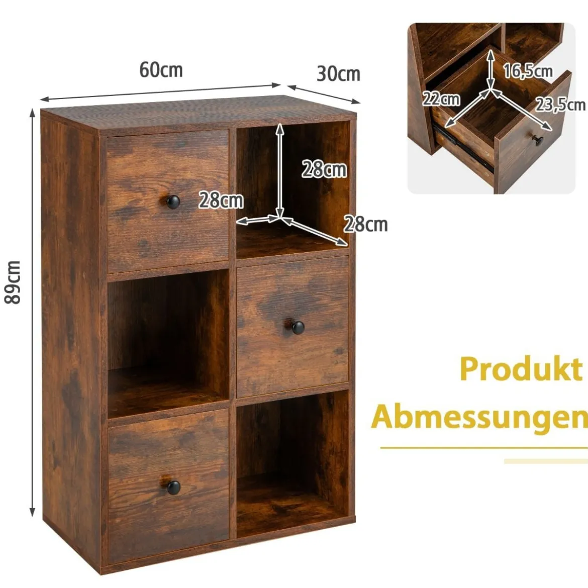 Schrank mit 6 Fächern Freistehendes Lagerregal mit 3 Würfeln 60 x 30 x 89 cm Braun