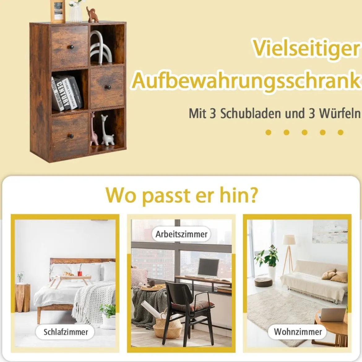 Schrank mit 6 Fächern Freistehendes Lagerregal mit 3 Würfeln 60 x 30 x 89 cm Braun