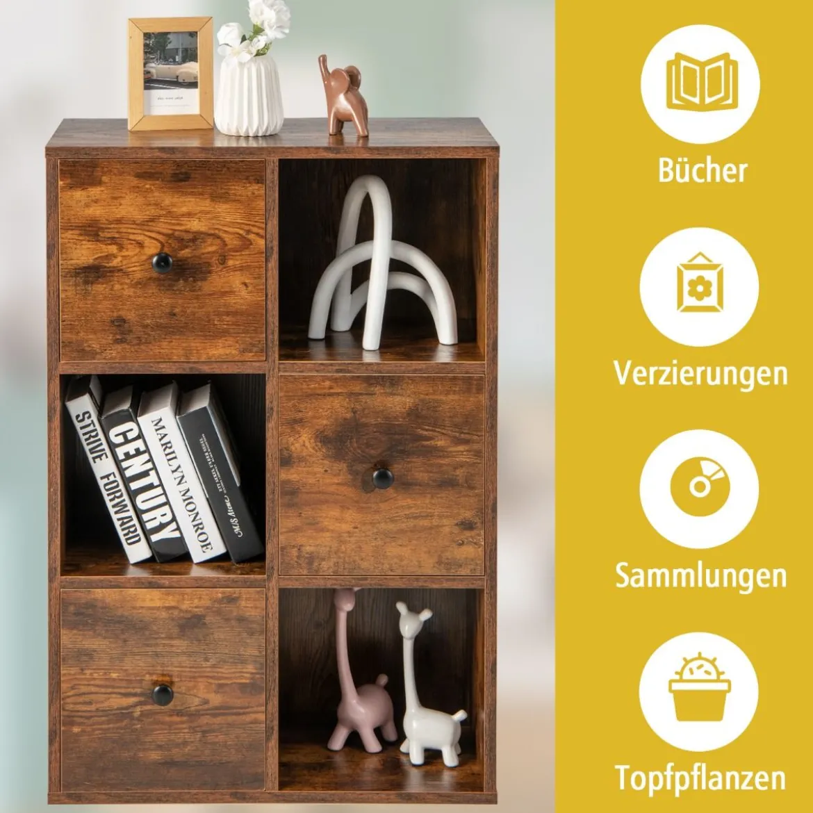 Schrank mit 6 Fächern Freistehendes Lagerregal mit 3 Würfeln 60 x 30 x 89 cm Braun