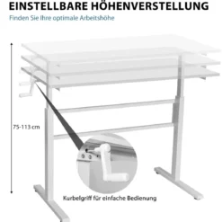 Schreibtisch Arbeitstisch mit Kurbel Computertisch höhenverstellbar 120 x 60 x 75-113 Weiß