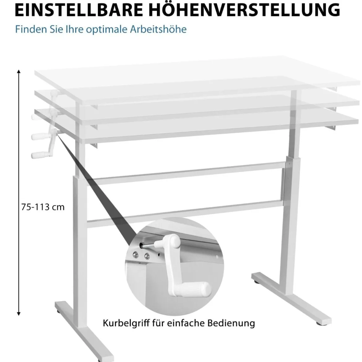 Schreibtisch Arbeitstisch mit Kurbel Computertisch höhenverstellbar 120 x 60 x 75-113 Weiß