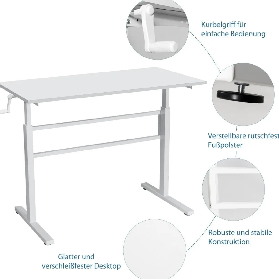 Schreibtisch Arbeitstisch mit Kurbel Computertisch höhenverstellbar 120 x 60 x 75-113 Weiß