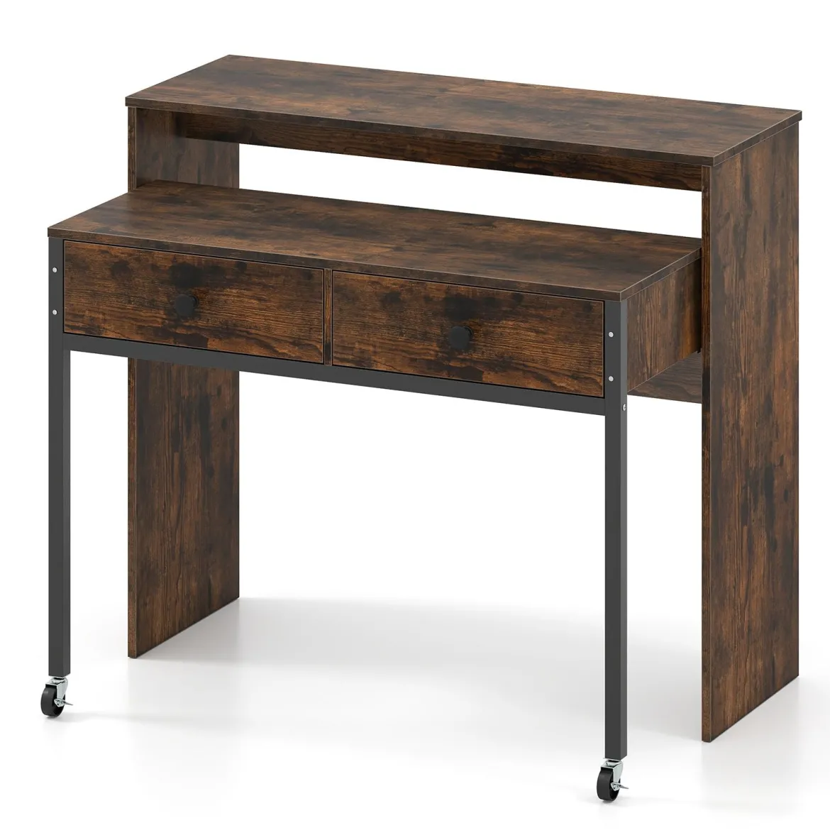Schreibtisch ausziehbar kleiner Computertisch mit 2 Schubladen & Rollen 100 x 63 x 88 cm Braun
