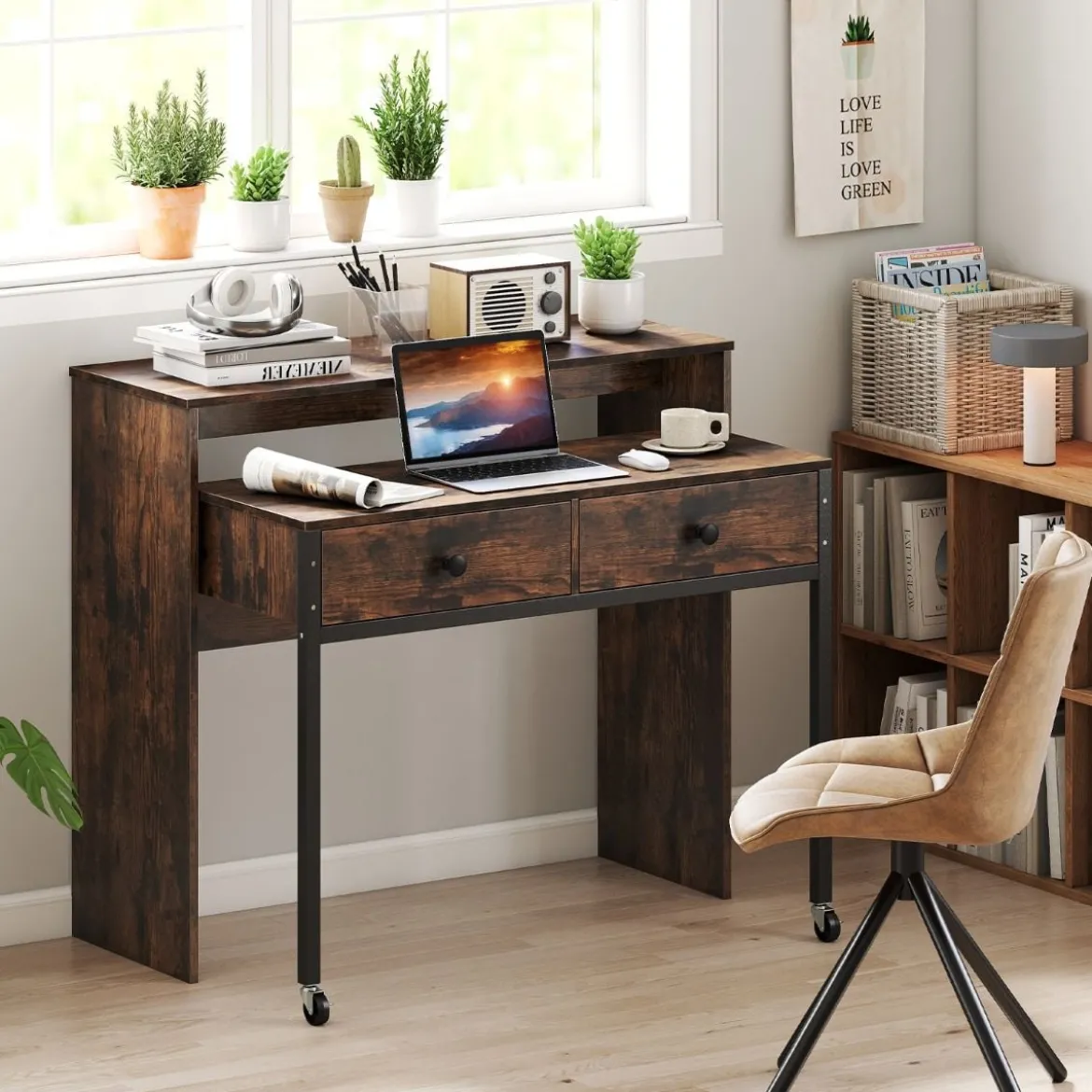 Schreibtisch ausziehbar kleiner Computertisch mit 2 Schubladen & Rollen 100 x 63 x 88 cm Braun