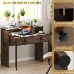 Schreibtisch ausziehbar kleiner Computertisch mit 2 Schubladen & Rollen 100 x 63 x 88 cm Braun