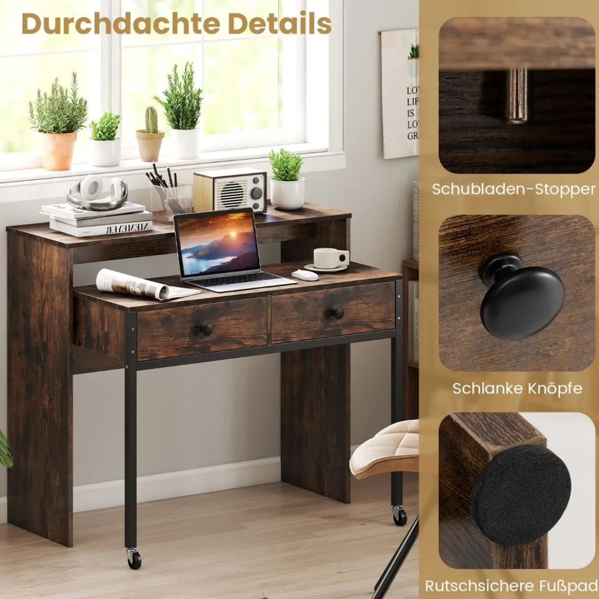 Schreibtisch ausziehbar kleiner Computertisch mit 2 Schubladen & Rollen 100 x 63 x 88 cm Braun