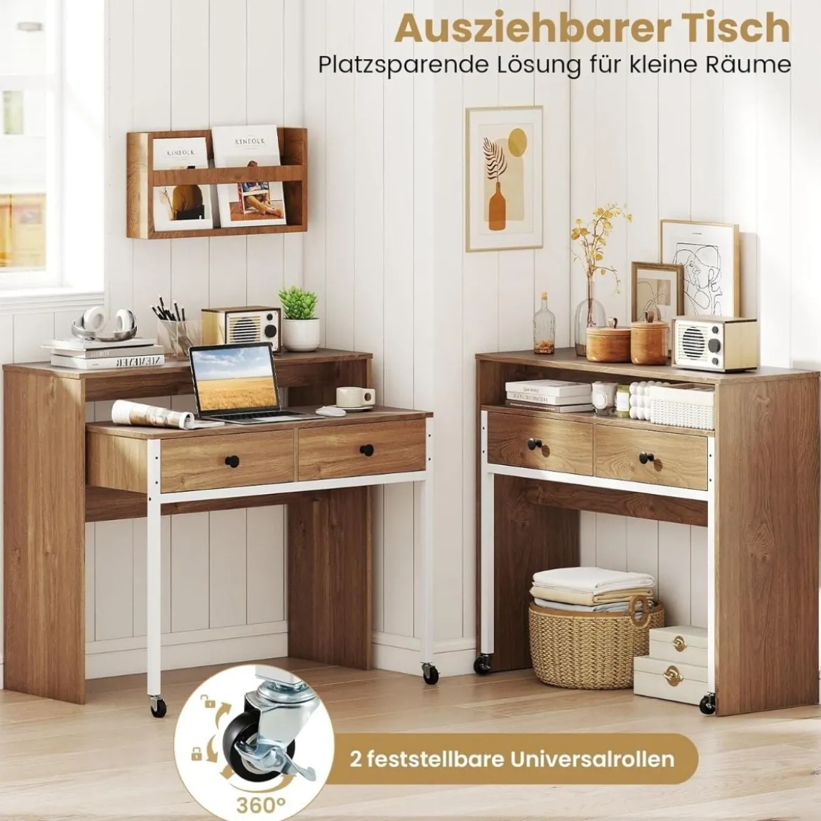 Schreibtisch ausziehbar kleiner Computertisch mit 2 Schubladen & Rollen 100 x 63 x 88 cm Natur