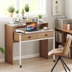 Schreibtisch ausziehbar kleiner Computertisch mit 2 Schubladen & Rollen 100 x 63 x 88 cm Natur