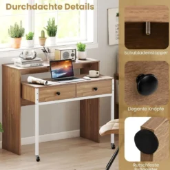 Schreibtisch ausziehbar kleiner Computertisch mit 2 Schubladen & Rollen 100 x 63 x 88 cm Natur