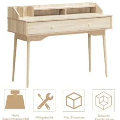 Schreibtisch Computertisch mit Schublade Bürotisch aus Massivholz PC-Arbeitsplatz 120 x 50 x 93 cm Natur