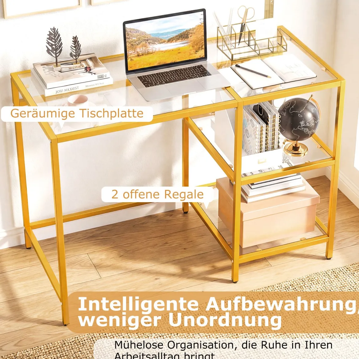 Schreibtisch Computertisch mit gehärtete Glasplatte Schutzglasständer Golden