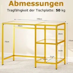 Schreibtisch Computertisch mit gehärtete Glasplatte Schutzglasständer Golden