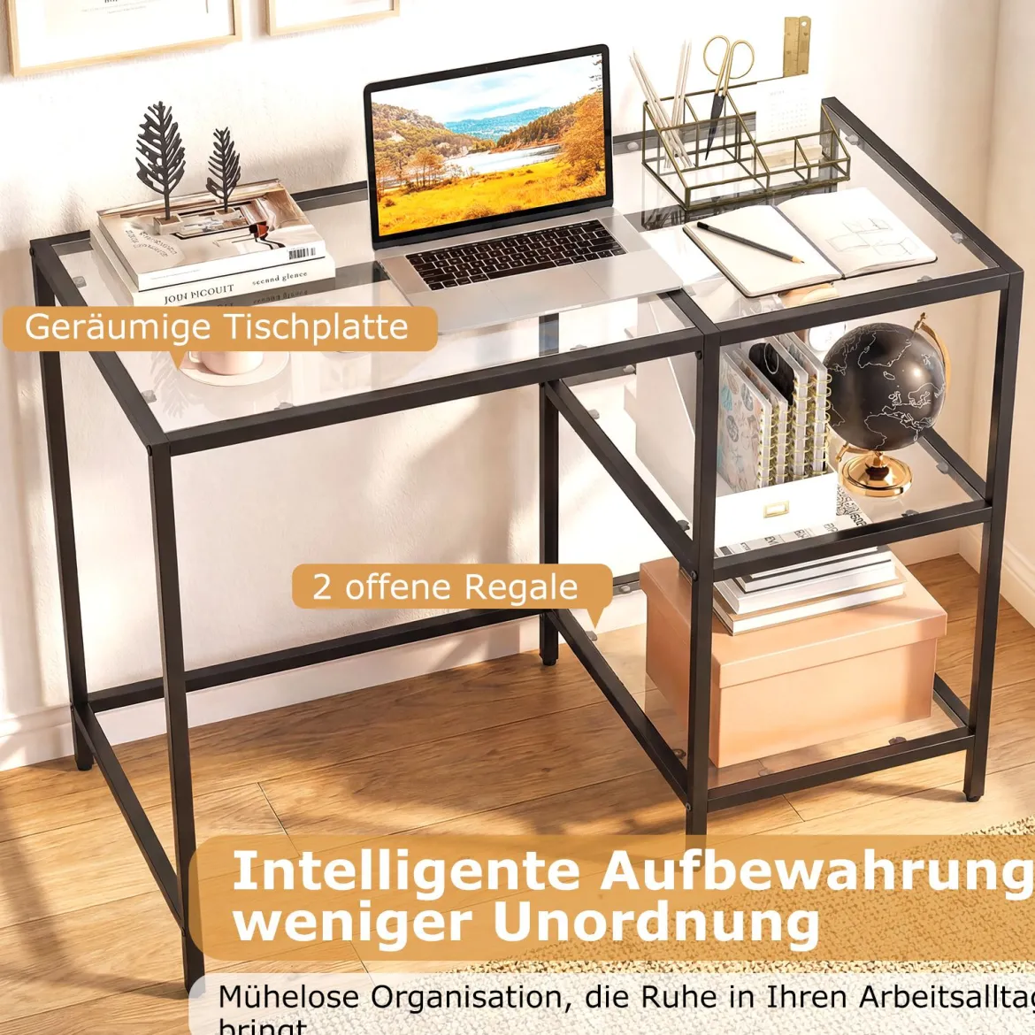 Schreibtisch Computertisch mit gehärtete Glasplatte Schutzglasständer Schwarz