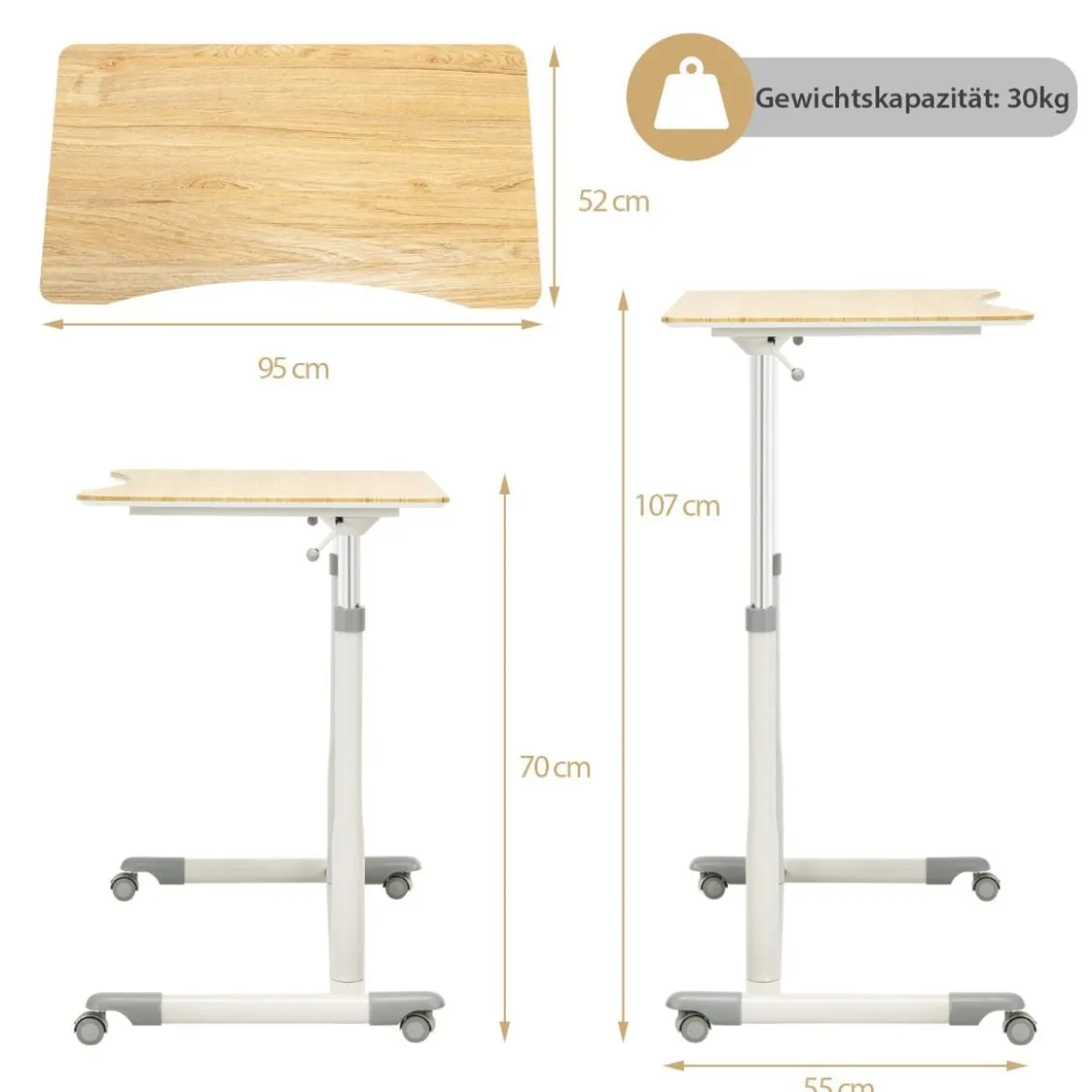 Schreibtisch Computertisch mit Rollen Rollentisch für Büro 95 x 52 x 70 - 107 cm Natur