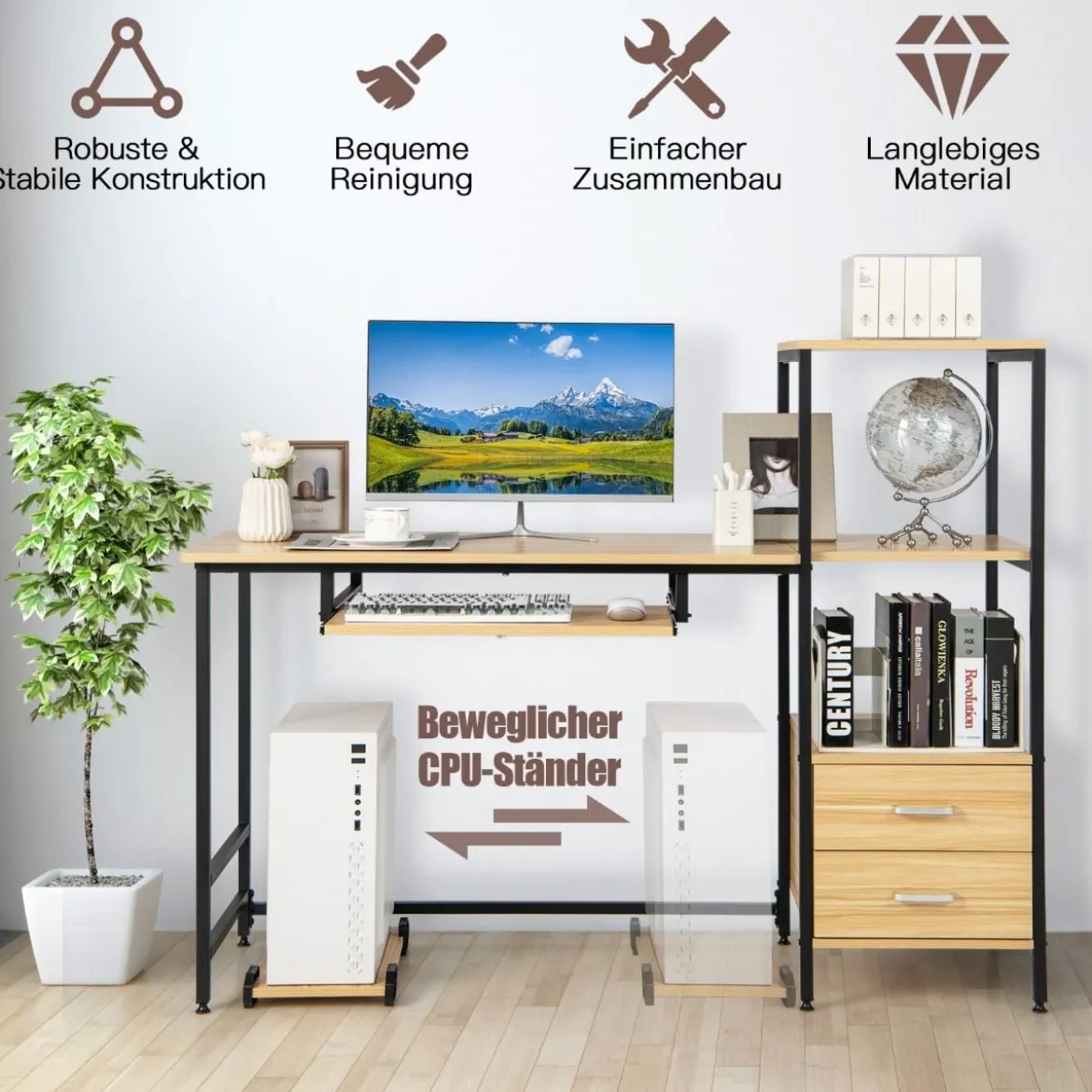 Schreibtisch H-Förmiger Computertisch mit Stauraum140 x 50 x 110 cm Natur