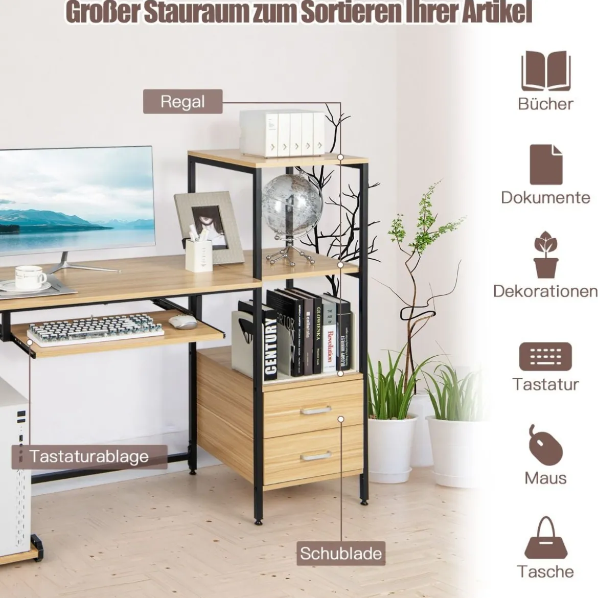 Schreibtisch H-Förmiger Computertisch mit Stauraum140 x 50 x 110 cm Natur