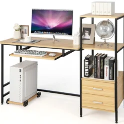 Schreibtisch H-Förmiger Computertisch mit Stauraum140 x 50 x 110 cm Natur