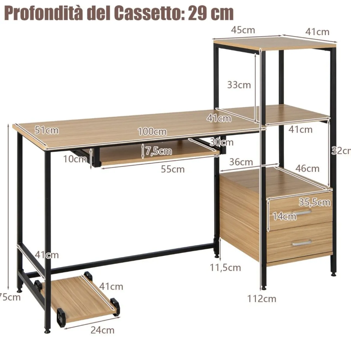 Schreibtisch H-Förmiger Computertisch mit Stauraum140 x 50 x 110 cm Natur