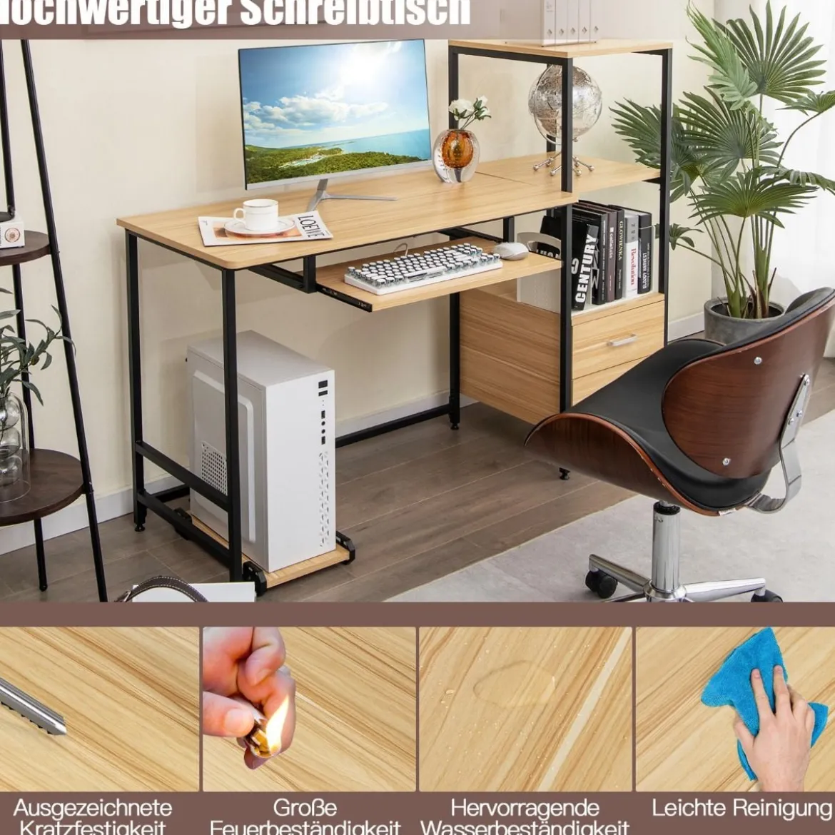 Schreibtisch H-Förmiger Computertisch mit Stauraum140 x 50 x 110 cm Natur