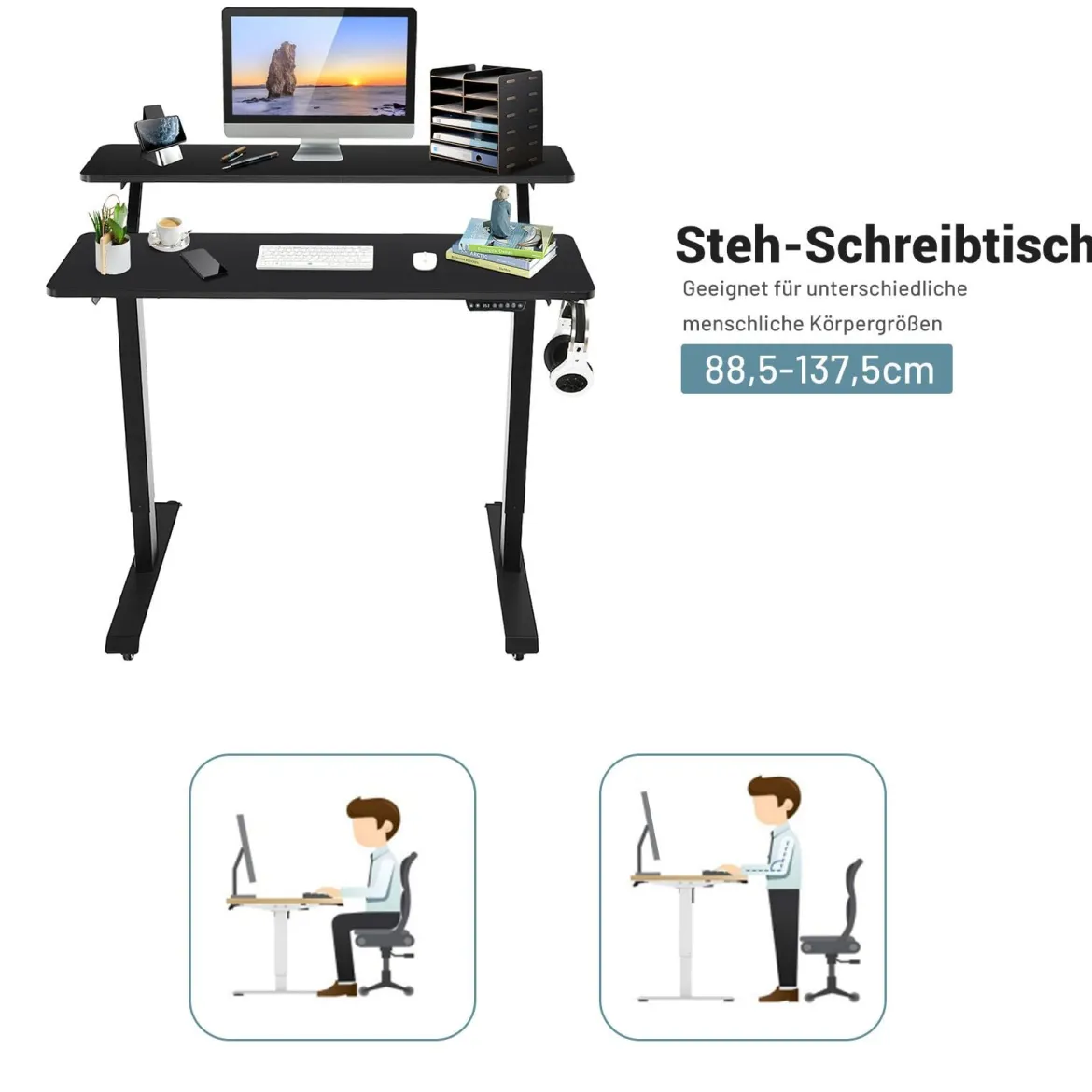Schreibtisch höhenverstellbar Computertisch auf Rollen Arbeittisch 120 x 68 x 88,5-137,5 cmSchwarz
