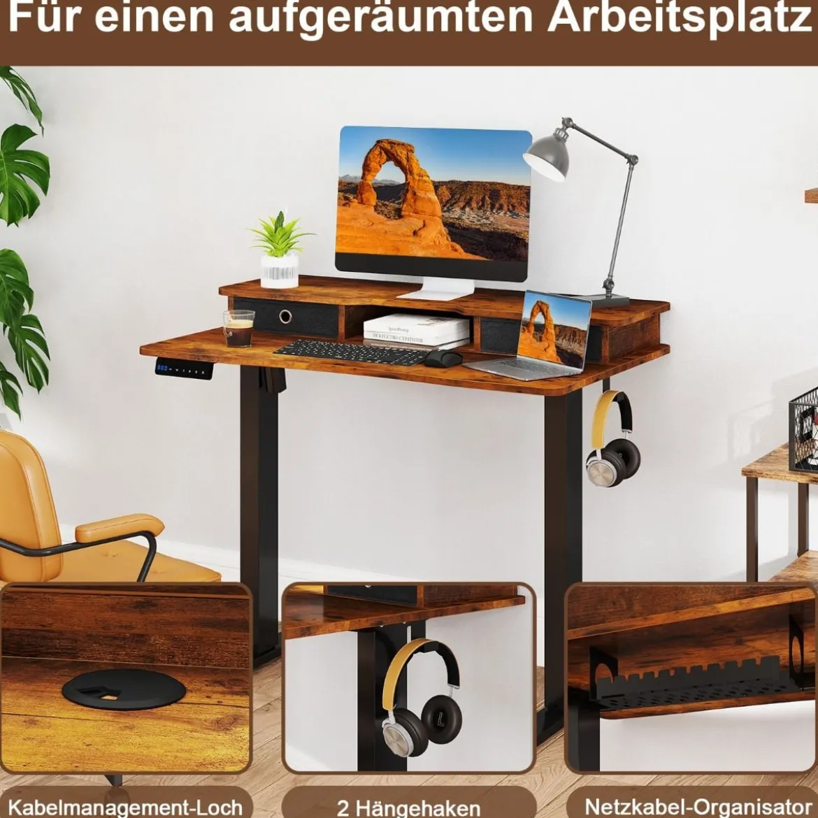 Schreibtisch höhenverstellbar elektrischer Computertisch Stehschreibtisch mit Monitorständer 100 x 60 cm Braun/Weiß