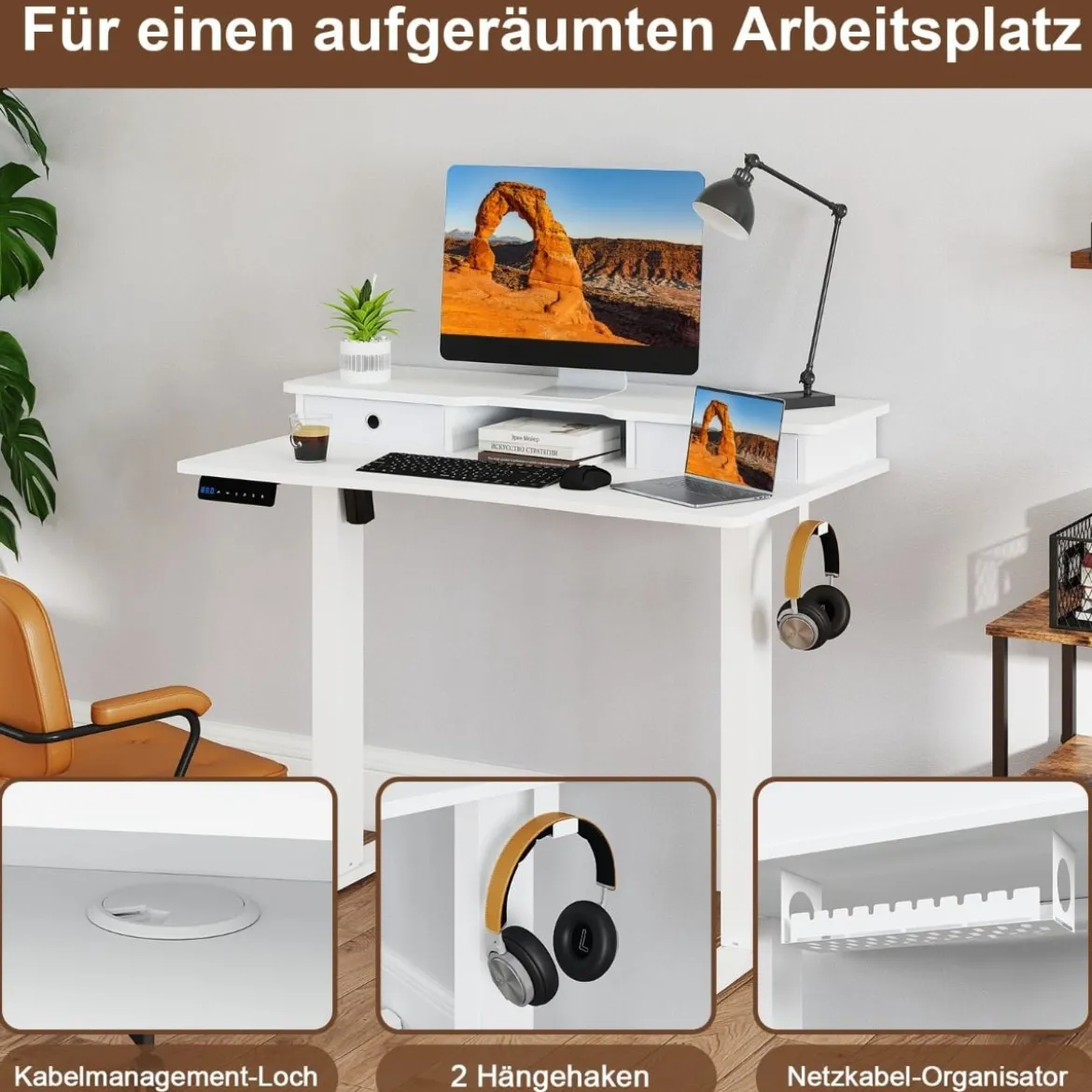 Schreibtisch höhenverstellbar elektrischer Computertisch Stehschreibtisch mit Monitorständer 100 x 60 cm Braun/Weiß
