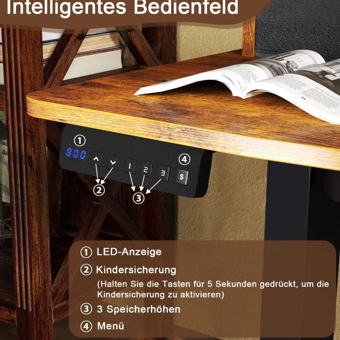 Schreibtisch höhenverstellbar elektrischer Computertisch Stehschreibtisch mit Monitorständer 100 x 60 cm Braun/Weiß