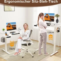Schreibtisch höhenverstellbar elektrischer Computertisch Stehschreibtisch mit Monitorständer 100 x 60 cm Braun/Weiß