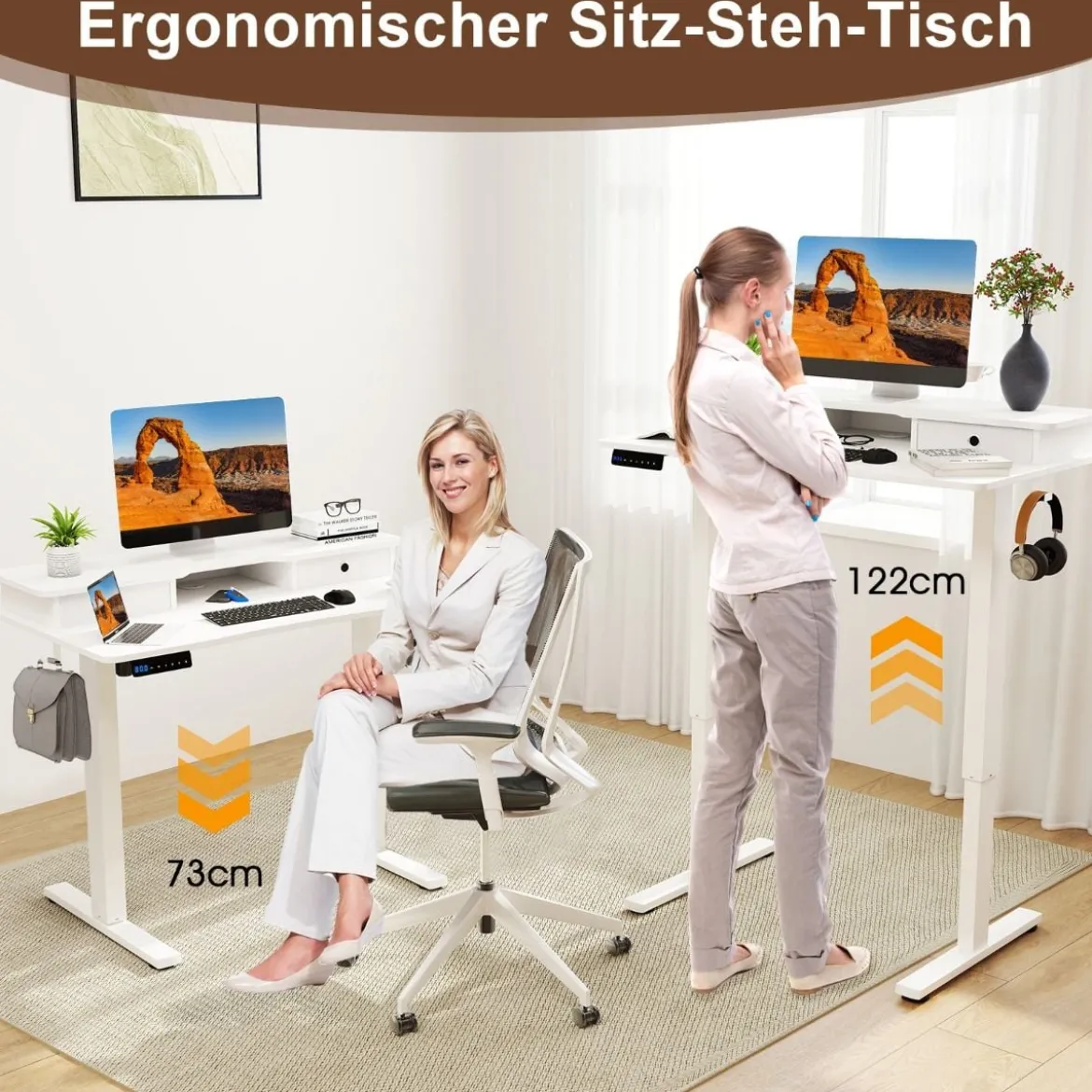 Schreibtisch höhenverstellbar elektrischer Computertisch Stehschreibtisch mit Monitorständer 100 x 60 cm Braun/Weiß