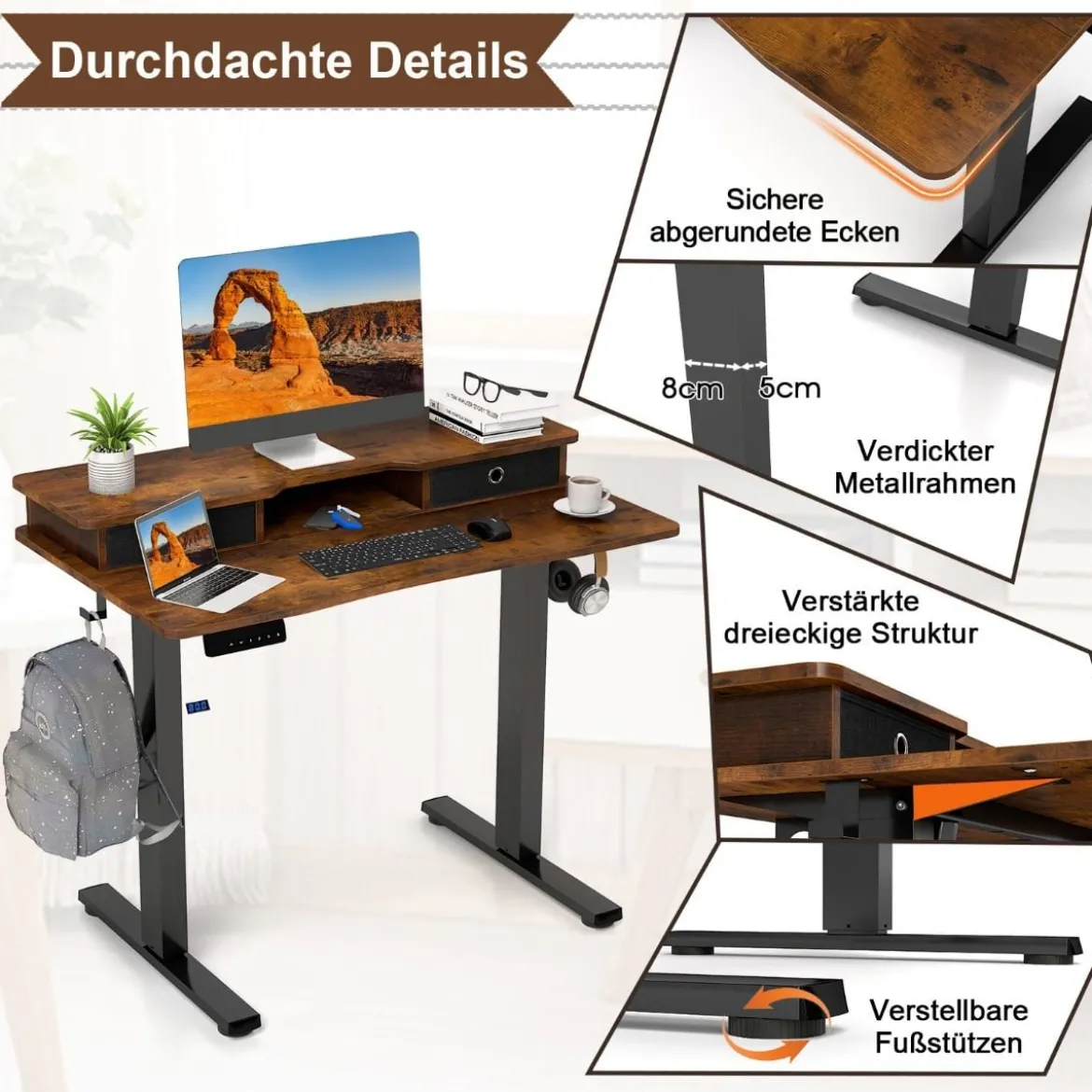 Schreibtisch höhenverstellbar elektrischer Computertisch Stehschreibtisch mit Monitorständer 100 x 60 cm Braun/Weiß