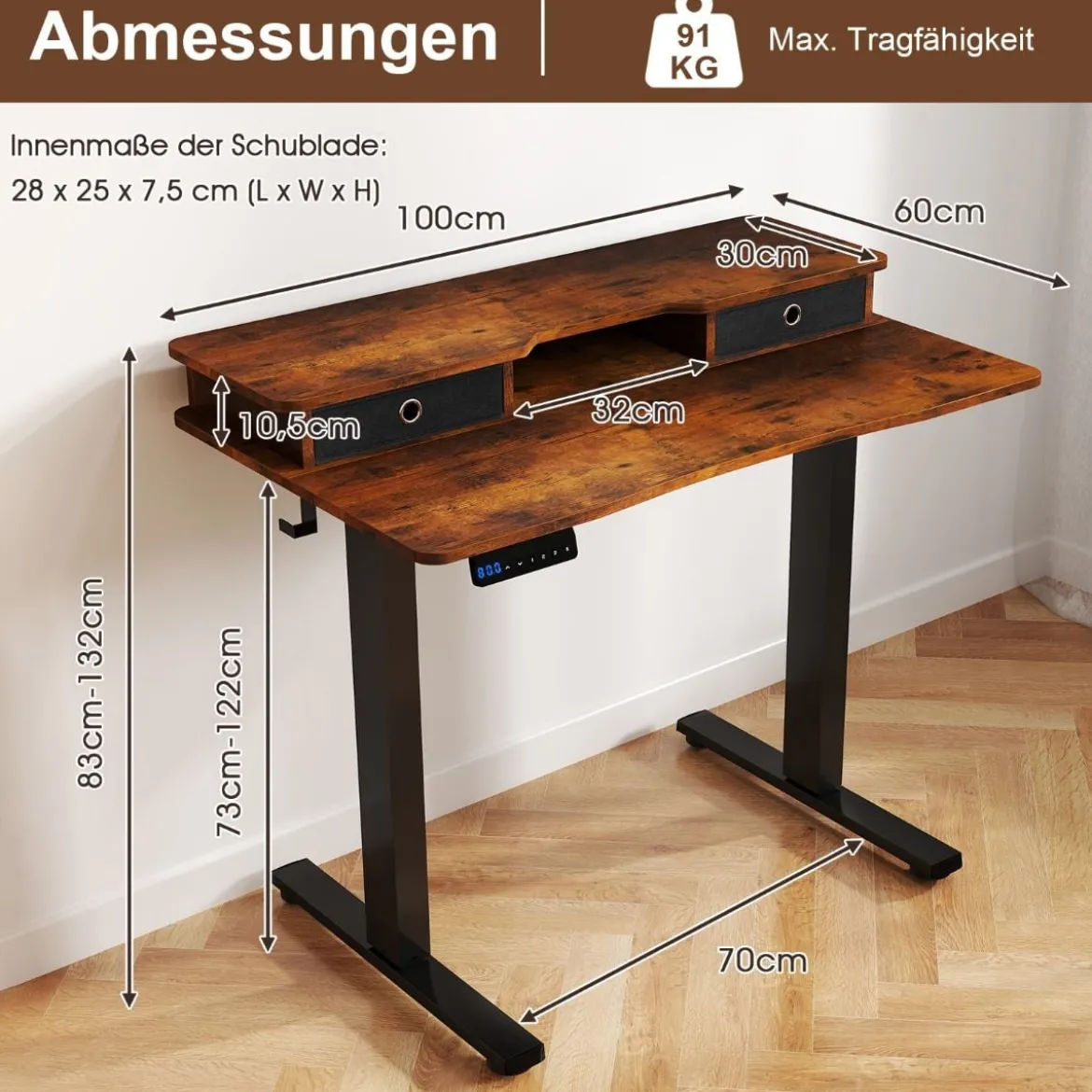 Schreibtisch höhenverstellbar elektrischer Computertisch Stehschreibtisch mit Monitorständer 100 x 60 cm Braun/Weiß