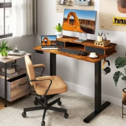 Schreibtisch höhenverstellbar elektrischer Computertisch Stehschreibtisch mit Monitorständer 100 x 60 cm Braun/Weiß