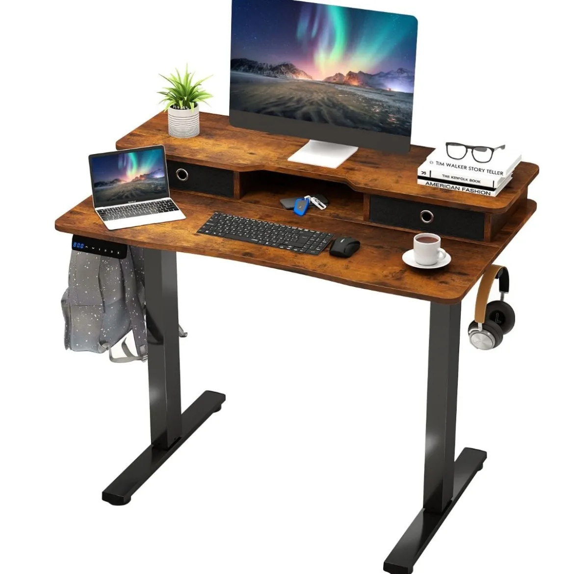 Schreibtisch höhenverstellbar elektrischer Computertisch Stehschreibtisch mit Monitorständer 100 x 60 cm Braun/Weiß