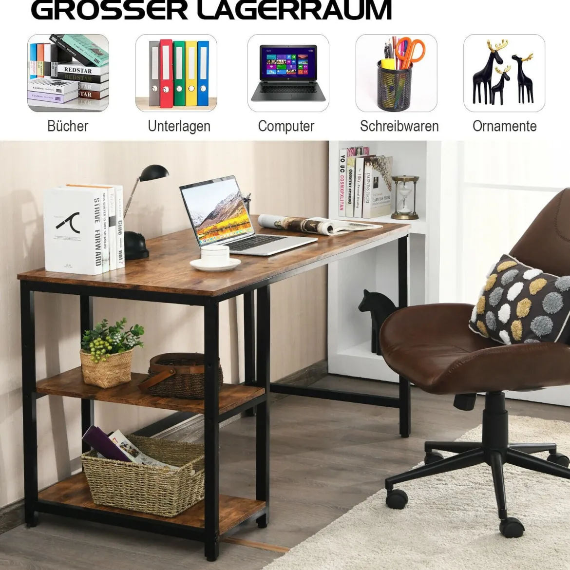 Schreibtisch Industrie Computertisch mit Regal Bürotisch Arbeitstisch Braun 120x60x75cm