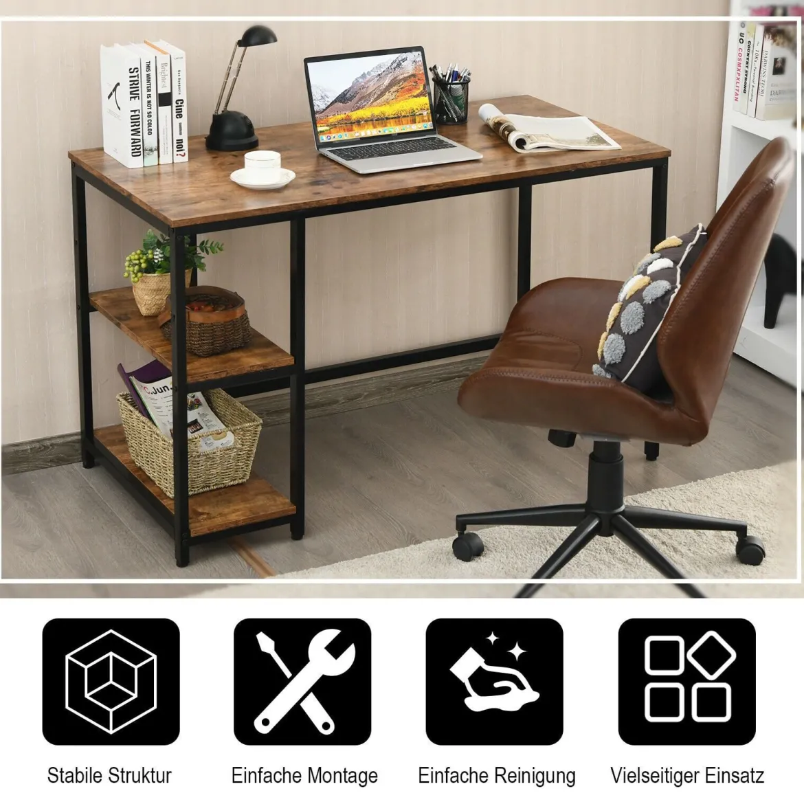 Schreibtisch Industrie Computertisch mit Regal Bürotisch Arbeitstisch Braun 120x60x75cm