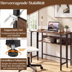 Schreibtisch Klappbar mit Robuster Metallkonstruktion & Ablagefach Computertisch Holz Rustikales Braun