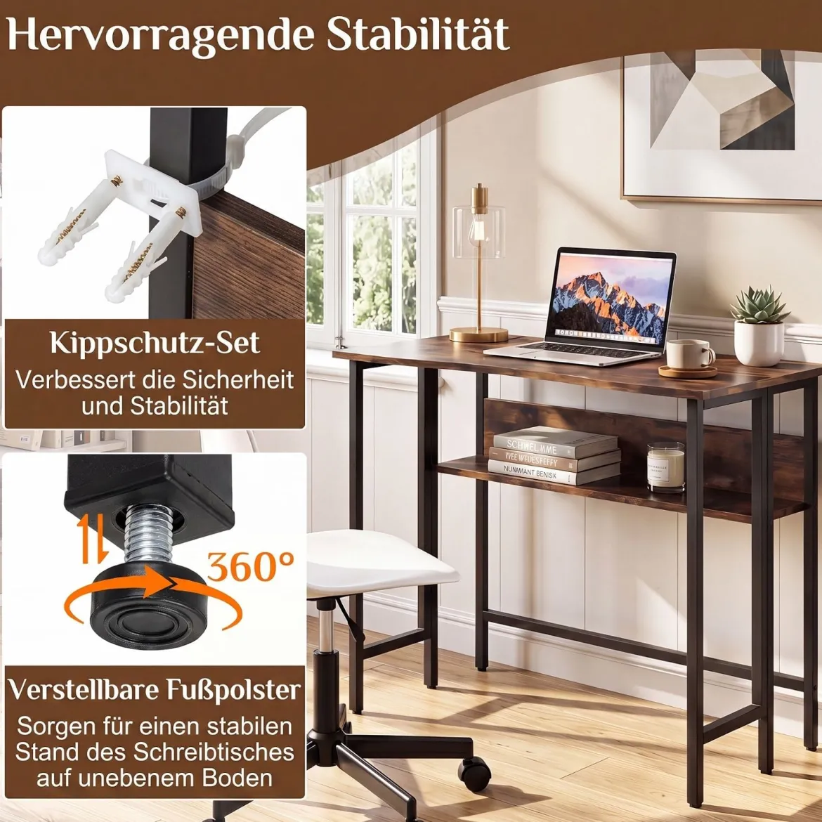 Schreibtisch Klappbar mit Robuster Metallkonstruktion & Ablagefach Computertisch Holz Rustikales Braun