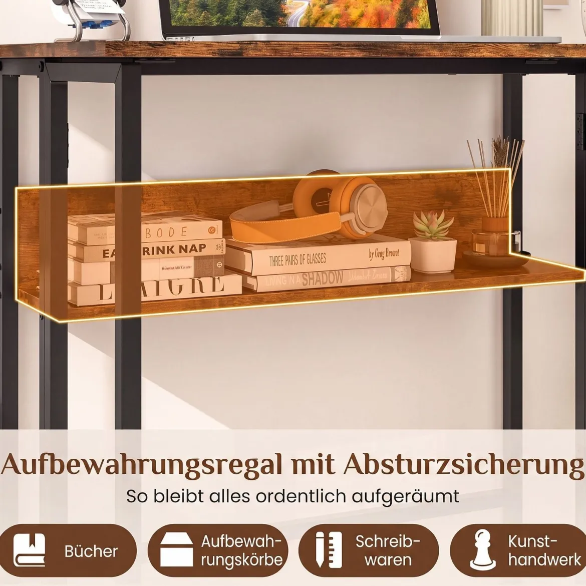 Schreibtisch Klappbar mit Robuster Metallkonstruktion & Ablagefach Computertisch Holz Rustikales Braun