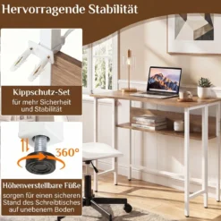Schreibtisch Klappbar mit Robuster Metallkonstruktion & Ablagefach Computertisch Holz Natur