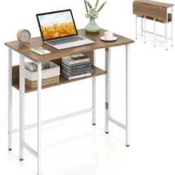 Schreibtisch Klappbar mit Robuster Metallkonstruktion & Ablagefach Computertisch Holz Natur