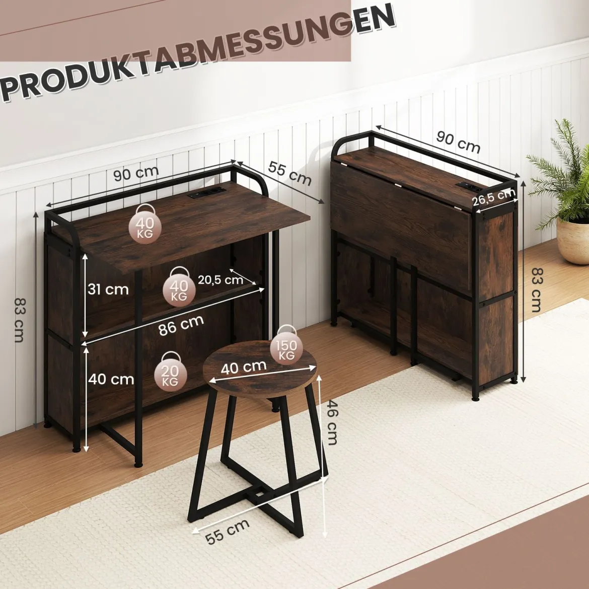 Schreibtisch klappbar mit Steckdose Klapptisch mit Hocker Computertisch mit Regalen & Metallrahmen 90 x 55 x 83 cm Braun
