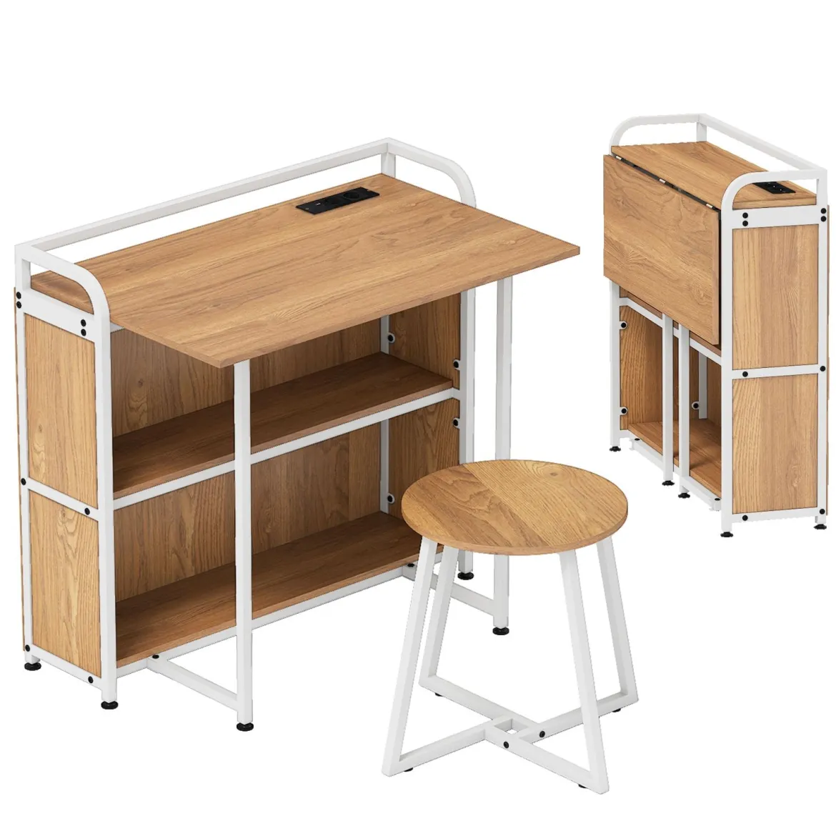 Schreibtisch klappbar mit Steckdose Klapptisch mit Hocker Computertisch mit Regalen & Metallrahmen 90 x 55 x 83 cm Natur