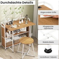 Schreibtisch klappbar mit Steckdose Klapptisch mit Hocker Computertisch mit Regalen & Metallrahmen 90 x 55 x 83 cm Natur