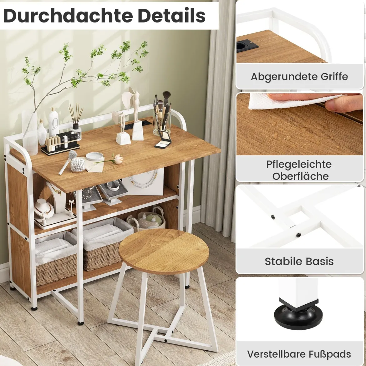 Schreibtisch klappbar mit Steckdose Klapptisch mit Hocker Computertisch mit Regalen & Metallrahmen 90 x 55 x 83 cm Natur