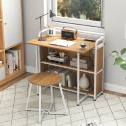 Schreibtisch klappbar mit Steckdose Klapptisch mit Hocker Computertisch mit Regalen & Metallrahmen 90 x 55 x 83 cm Natur