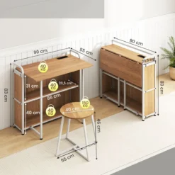 Schreibtisch klappbar mit Steckdose Klapptisch mit Hocker Computertisch mit Regalen & Metallrahmen 90 x 55 x 83 cm Natur