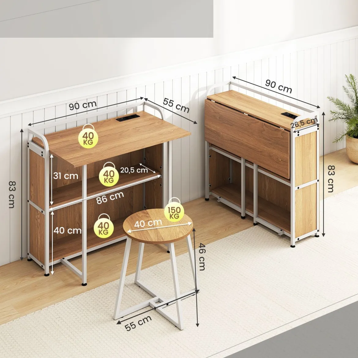 Schreibtisch klappbar mit Steckdose Klapptisch mit Hocker Computertisch mit Regalen & Metallrahmen 90 x 55 x 83 cm Natur