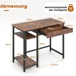 Schreibtisch Kleiner Computertisch mit Schublade & verstellbarem Regal 100 x 50 x 76 cm Rustikales Braun